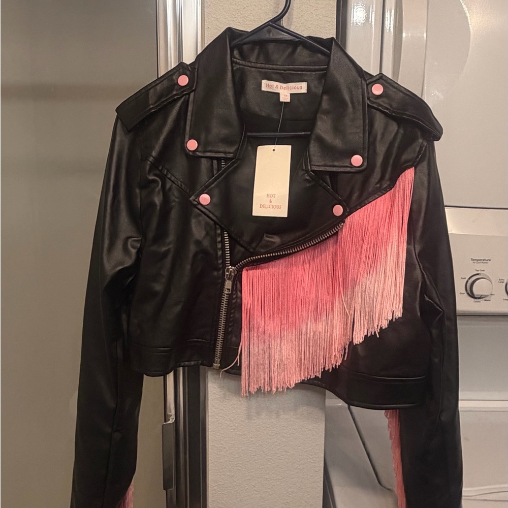 Black and Pink Fringe Leather Jacket
